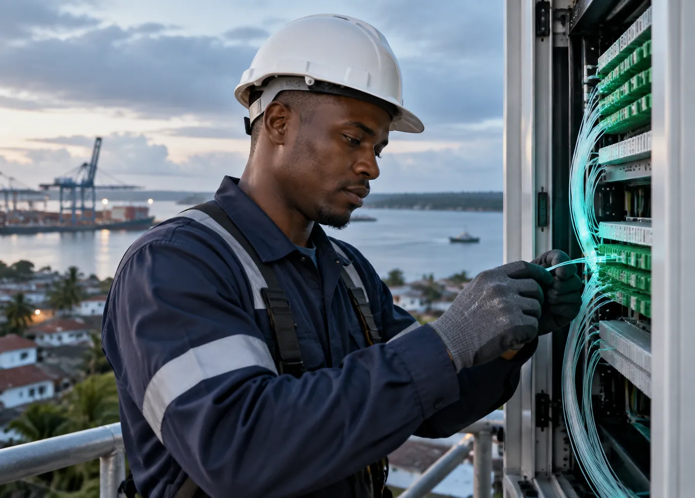 Técnico trabajando con fibra óptica